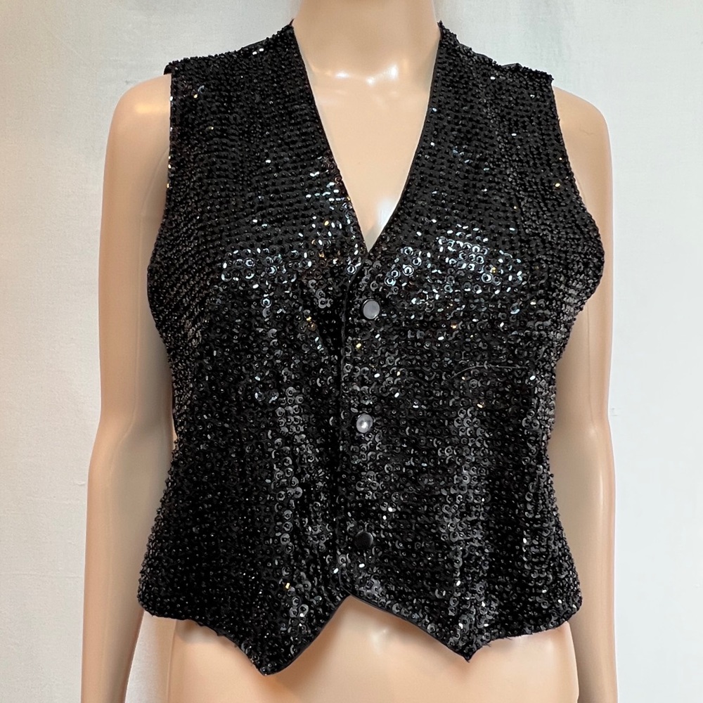 Halsey Collection women’s Sequined Vest. Sz S.  Black. Satin back
